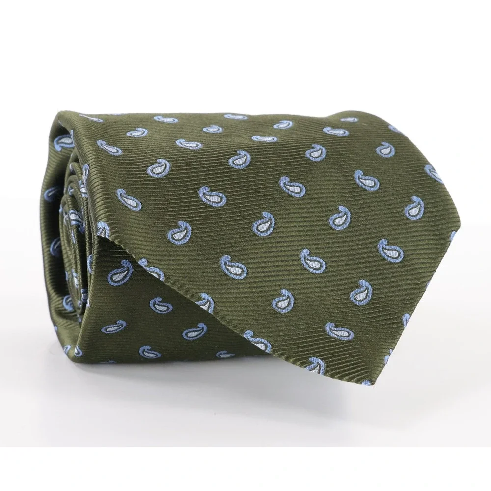Daniel Cremieux 7 Fold Silk Necktie Tie Olive Green Paisley Made in Italy